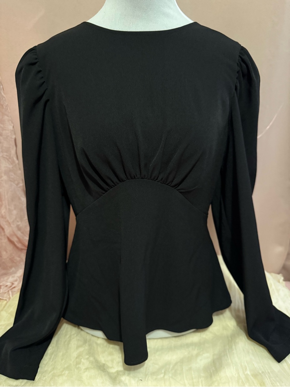 Express Black Long-Sleeve Gathered Waist Blouse